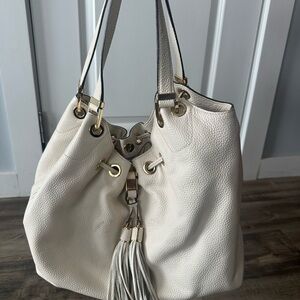 Michael Kors White Pebbled Leather Drawstring Tassel Shoulder Bag
